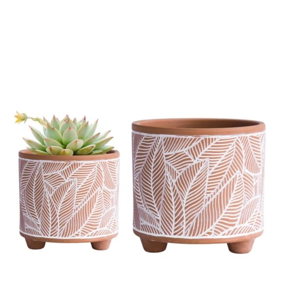 Decorative Terracotta & White Leaf Print Ceramic Planter Pots | Set of 2 - Picture 3 of 12